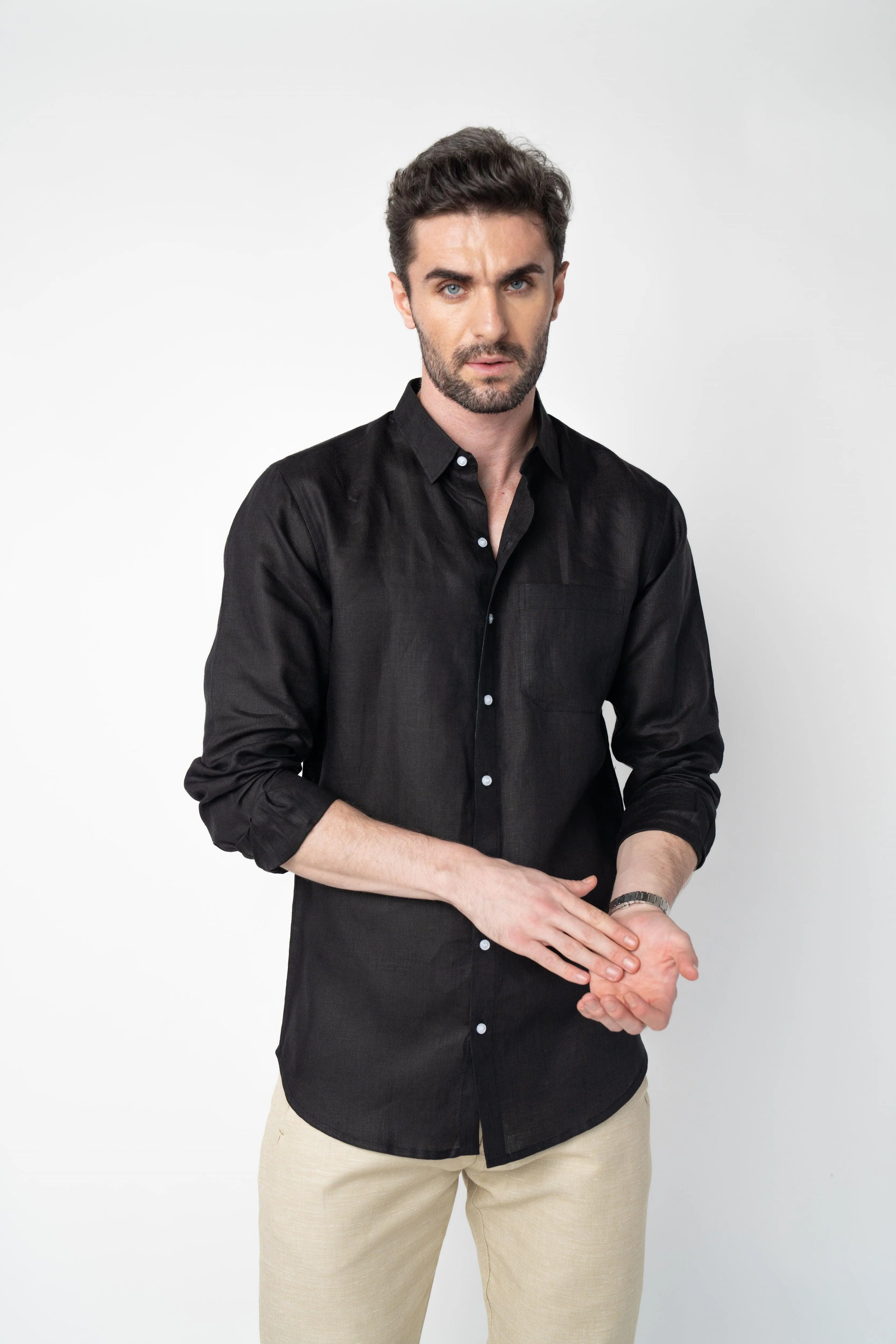 100% Linen Soft Touch Jet Black Shirt