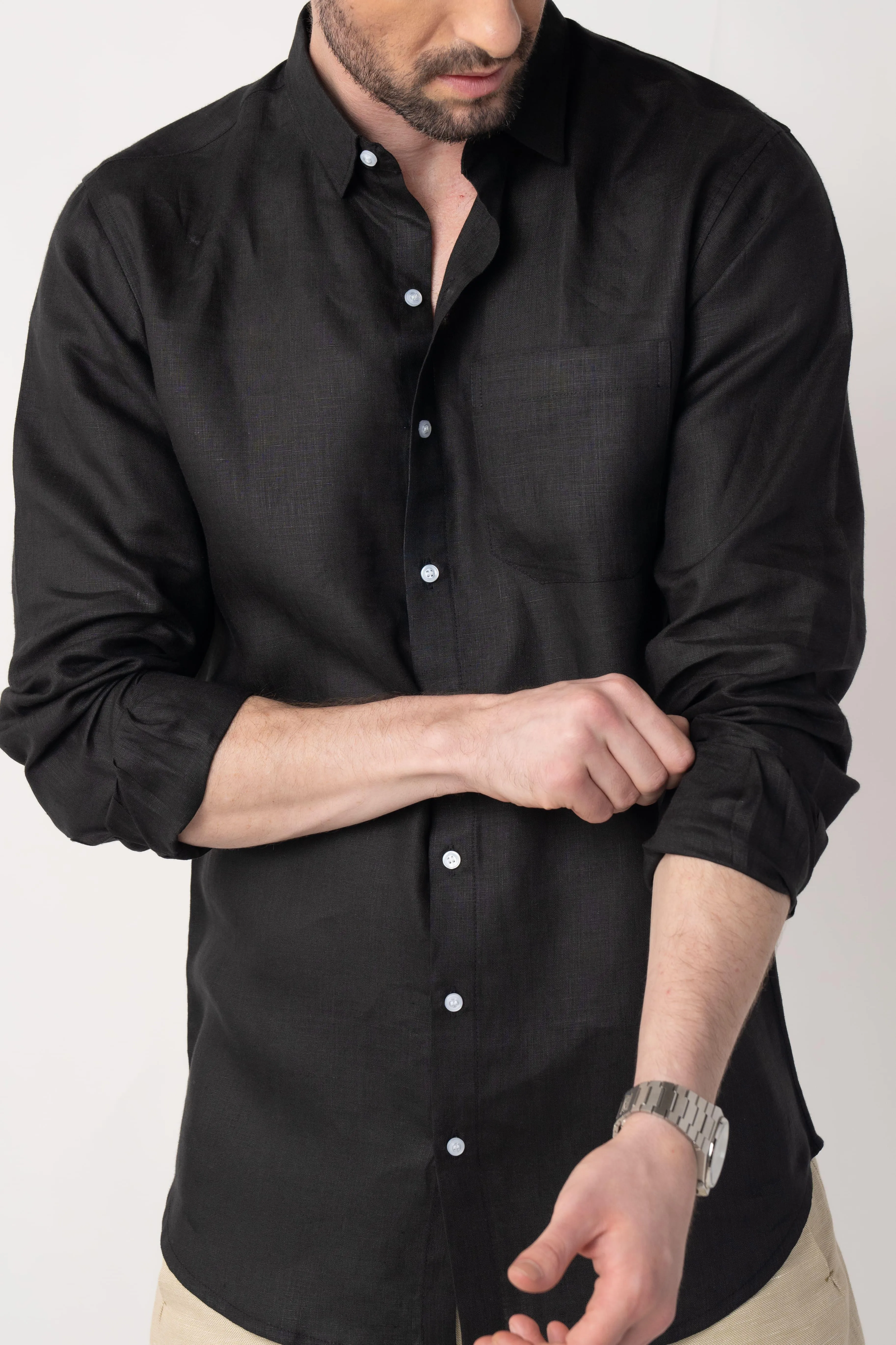 100% Linen Soft Touch Jet Black Shirt