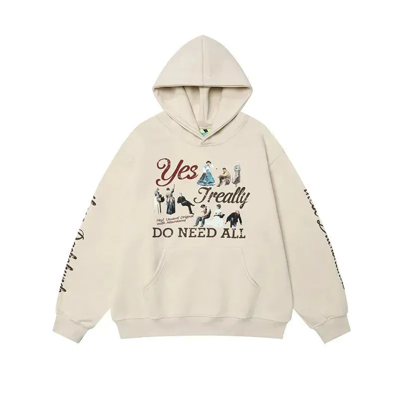 American Retro Washed Distressed Cartoon Letter Print Pullover Hoodie Sweatshirt