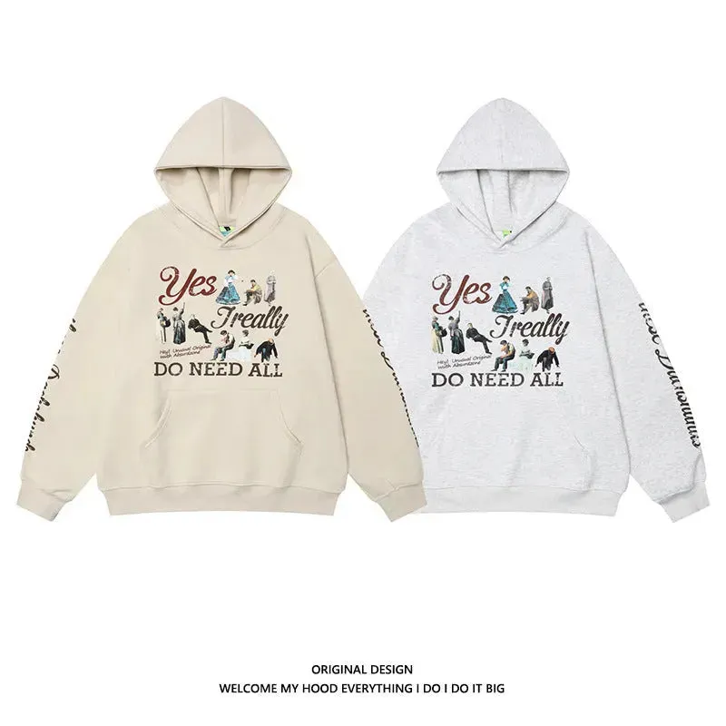 American Retro Washed Distressed Cartoon Letter Print Pullover Hoodie Sweatshirt