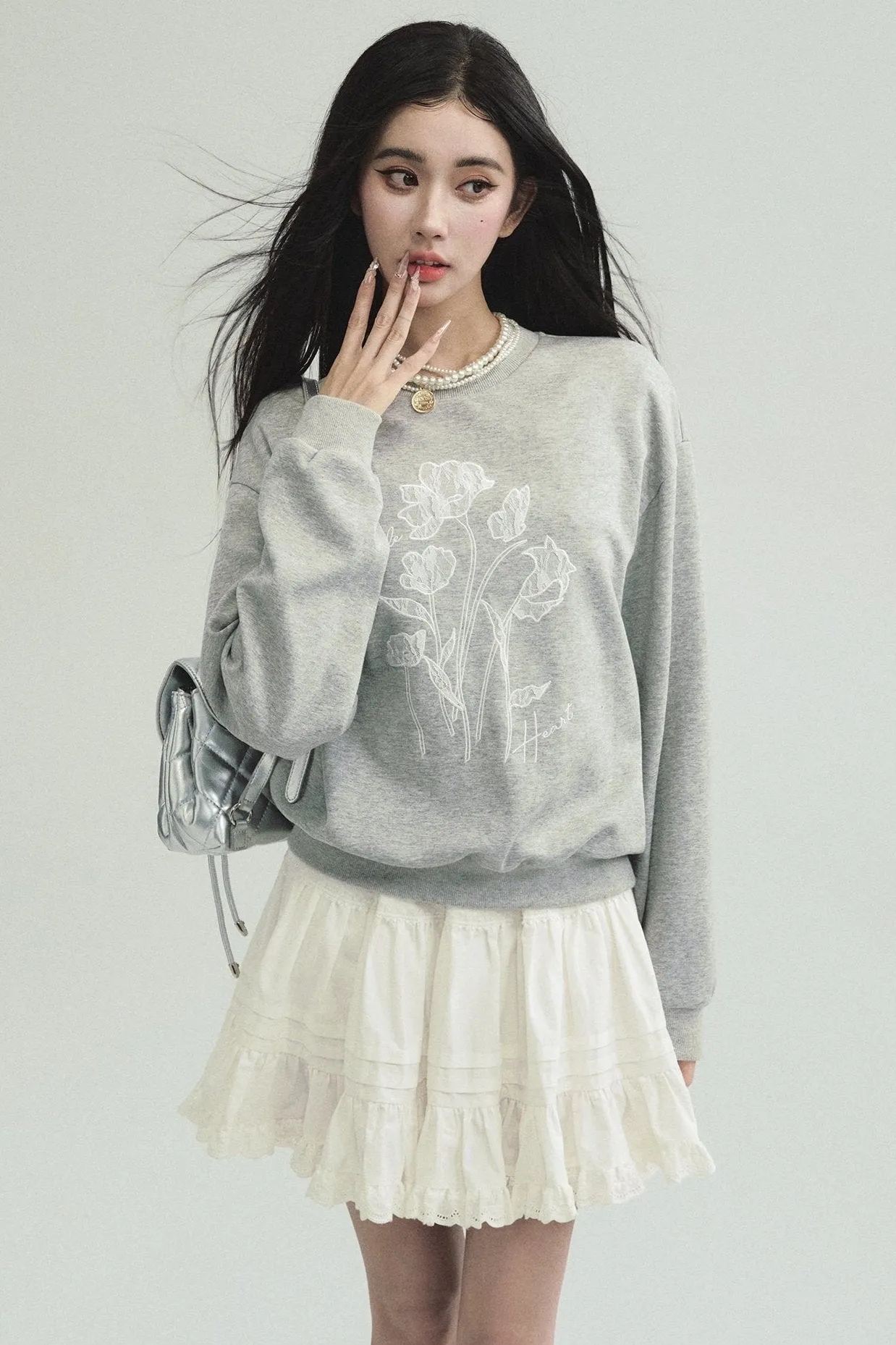 Botanical Bliss Sweatshirt and Lace Mini Skirt Set - Soft Gray and White