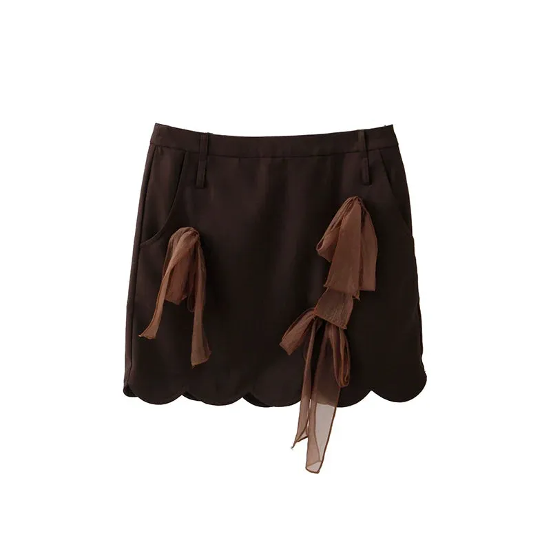 Brown Scalloped Skirt with Sheer Bow Detail