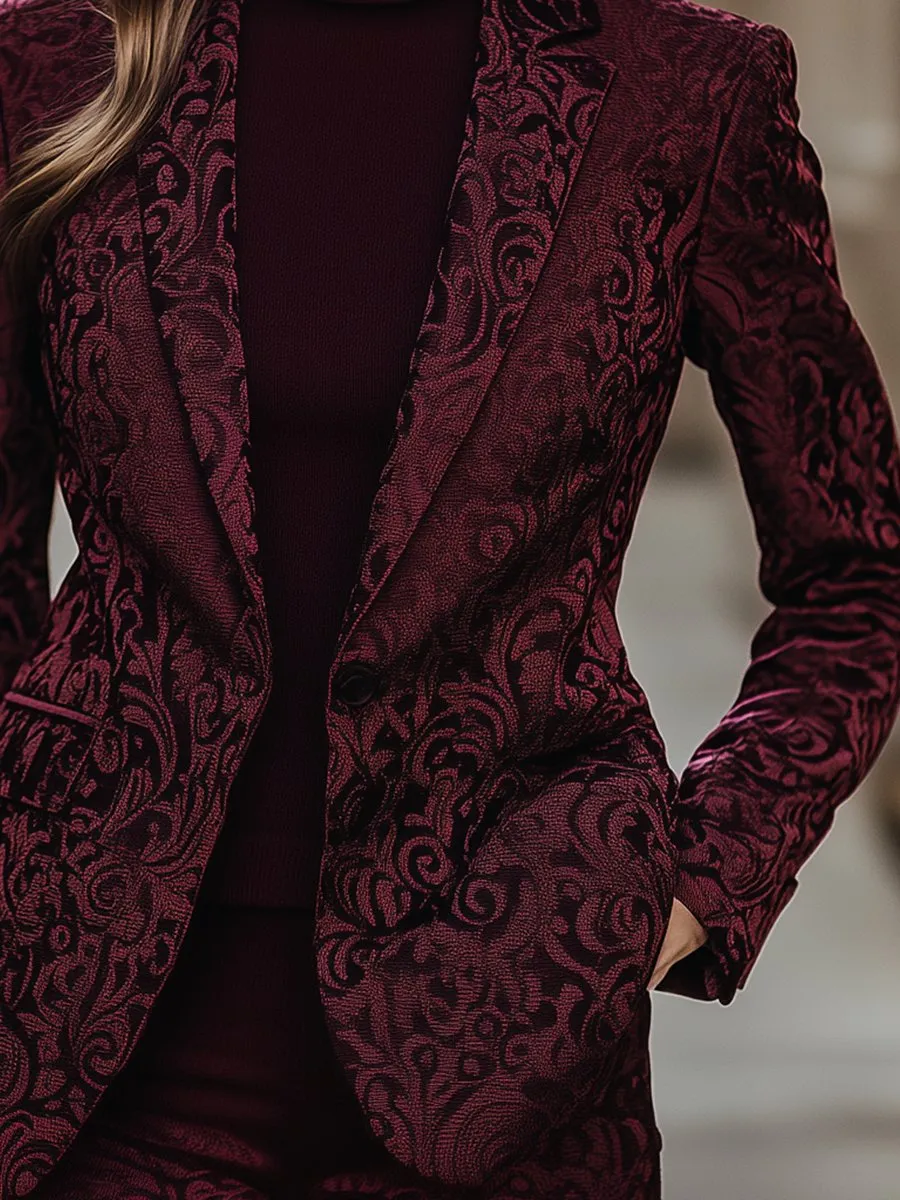 Burgundy Jacquard Blazer with Intricate Jacquard Detailing