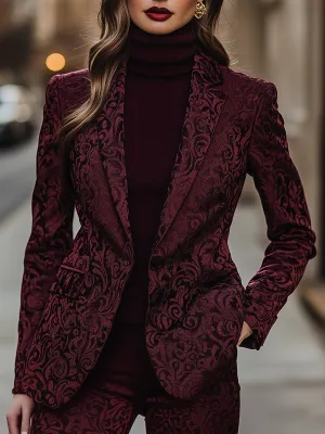 Burgundy Jacquard Blazer with Intricate Jacquard Detailing