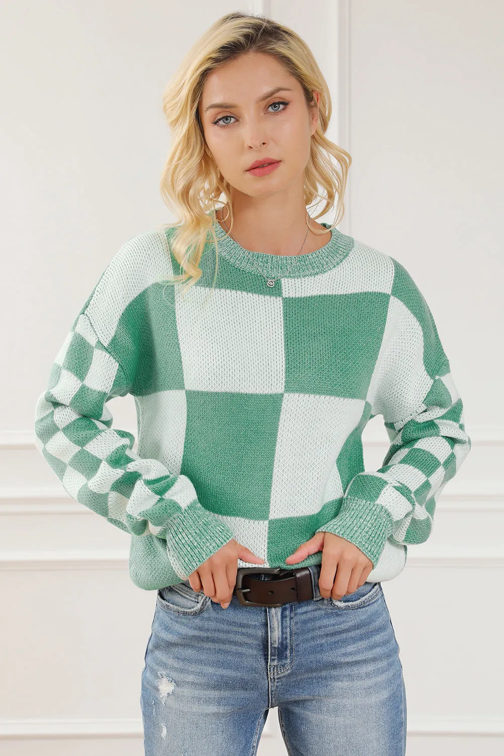 Checkered Drop Shoulder Long Sleeve Sweater New Women's Fashion Long Sleeve Knit Top , Baggy Sweaters