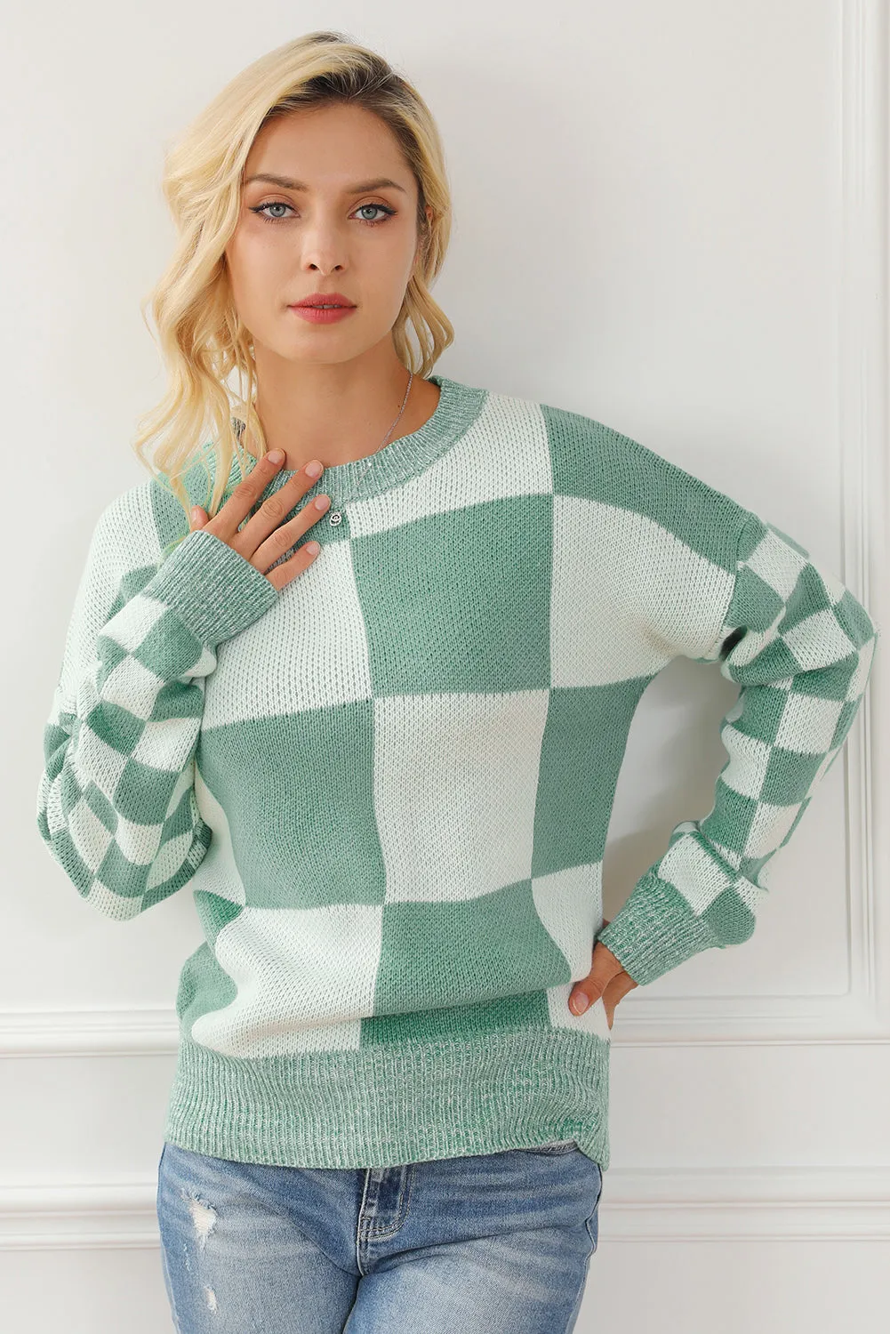 Checkered Drop Shoulder Long Sleeve Sweater New Women's Fashion Long Sleeve Knit Top , Baggy Sweaters