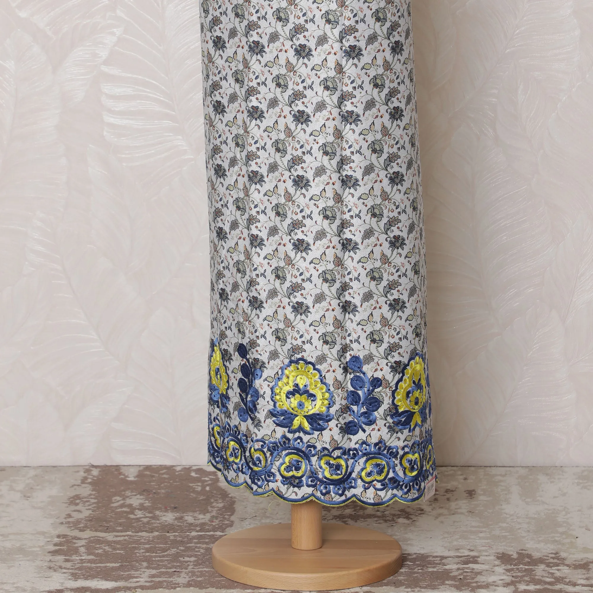 Chic White Blended Cotton Fabric with Blue and Yellow Floral Embroidery - Last Piece of 3.0 Meters, 110 cm Width-D19779