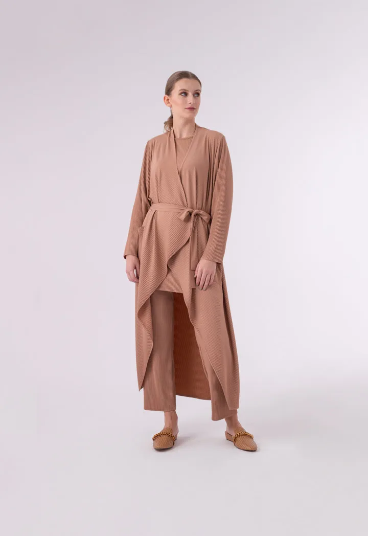 Choice Draped Wide Lapel Heavy Ribbed Knit Cardigan Latte