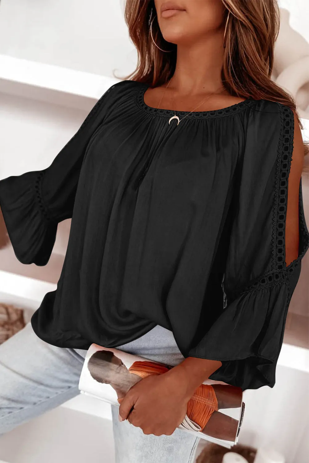 Crochet Lace Cut-Out 3/4 Sleeve Blouse