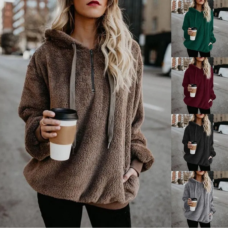 Fleece Long Sleeve Hooded Pullover Sweatshirt Autumn Winter Warm Zipper Pocket Fur Coat For Women