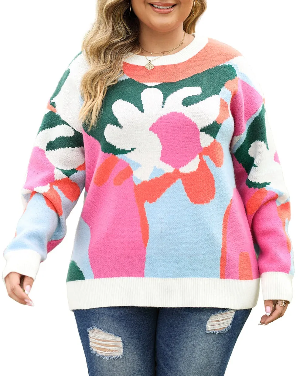 Floral Drop Shoulder Sweater Plus Size