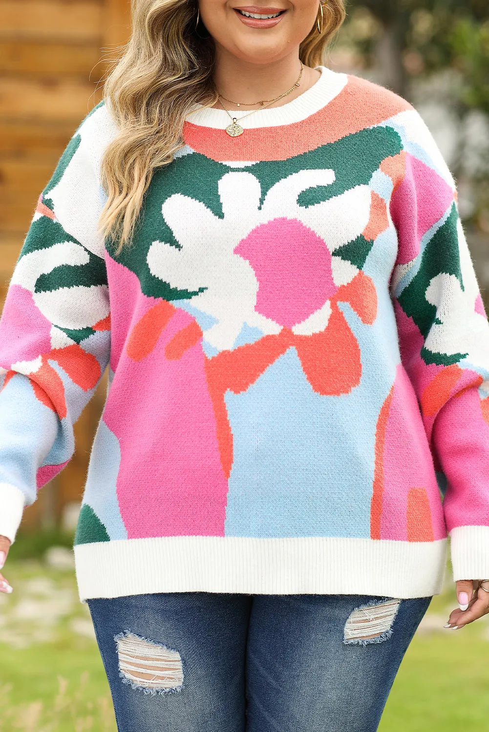 Floral Drop Shoulder Sweater Plus Size