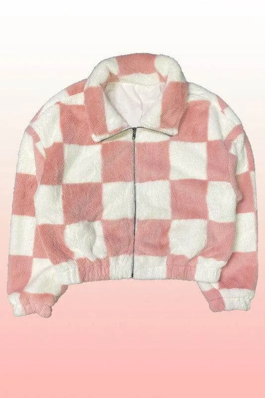 Fuzzy checkered zip front jacket