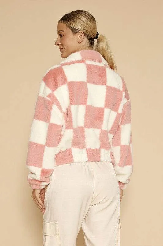 Fuzzy checkered zip front jacket