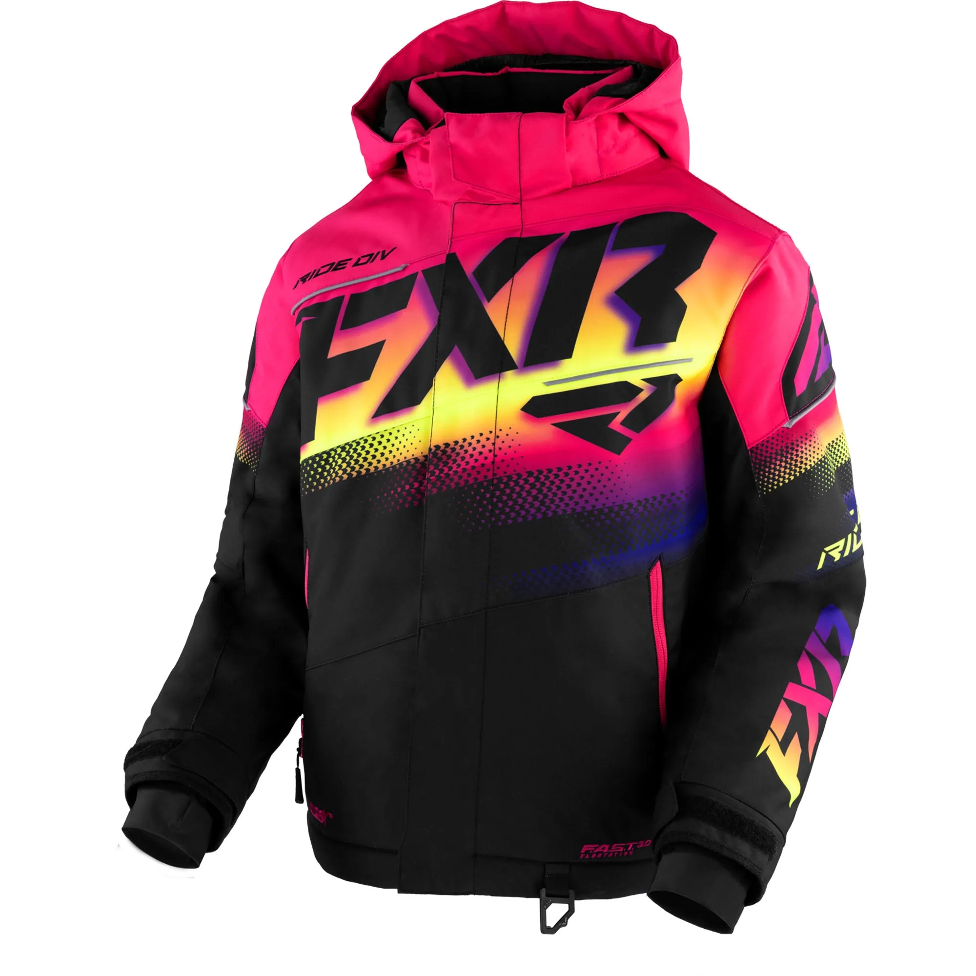 FXR Child Boost Snowmobile Jacket Black/Neon Fusion Pink