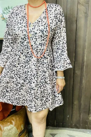 GJQ15312 Leopard printed 3/4 sleeve w/ruffle V-neckline w/side pockets women dresses