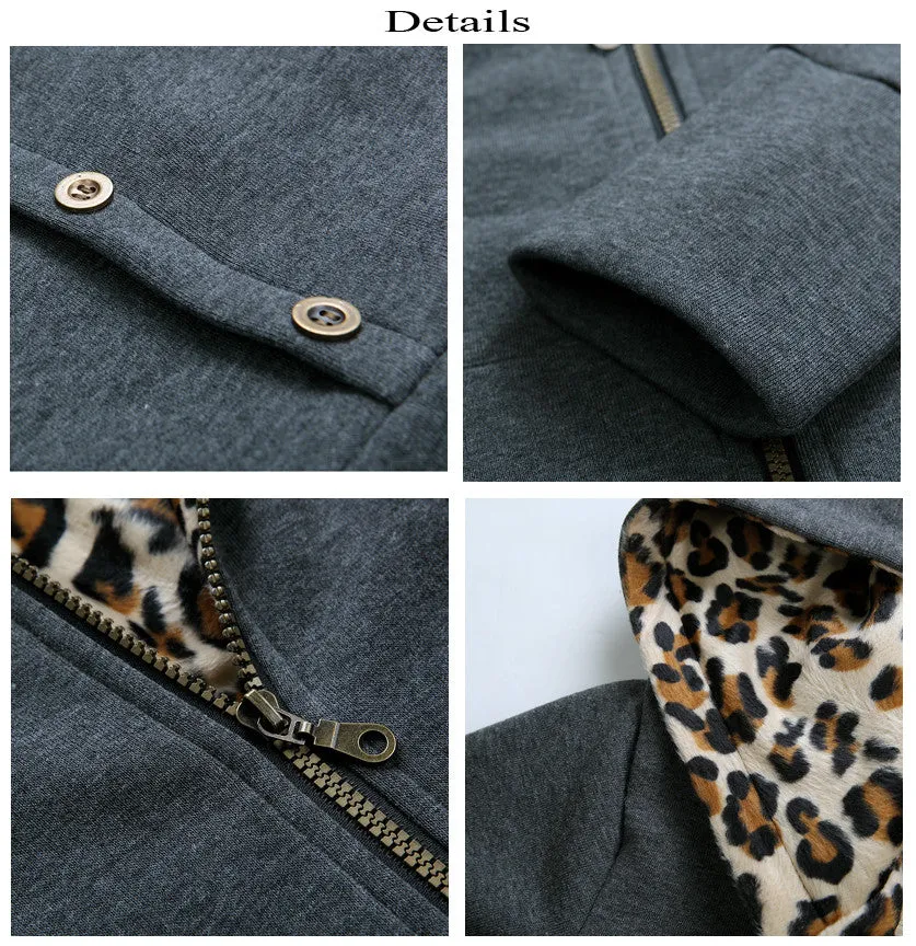 Good Quality Winter Warm Fashion Women Lady Long Sleeve Hoodies Sweatshirt Slim Fit Leopard Coat Jacket Outerwear