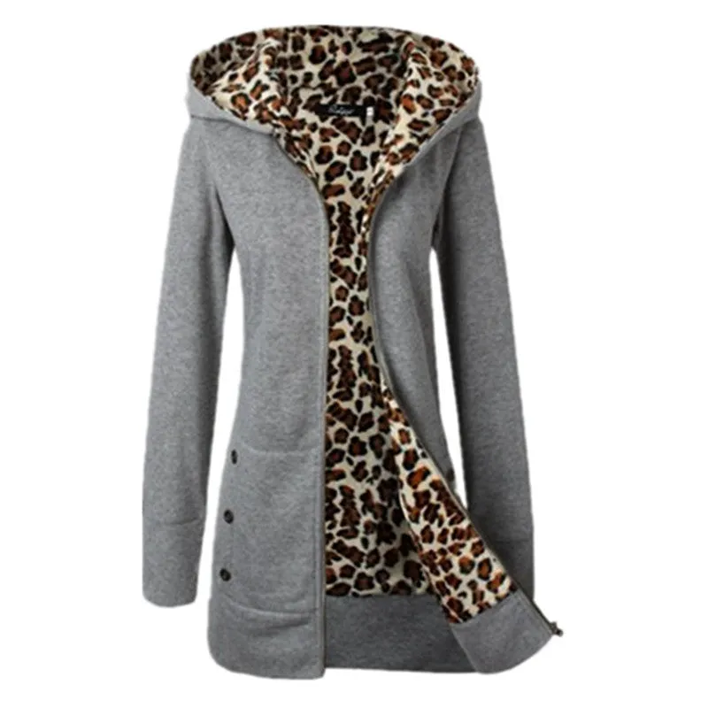 Good Quality Winter Warm Fashion Women Lady Long Sleeve Hoodies Sweatshirt Slim Fit Leopard Coat Jacket Outerwear