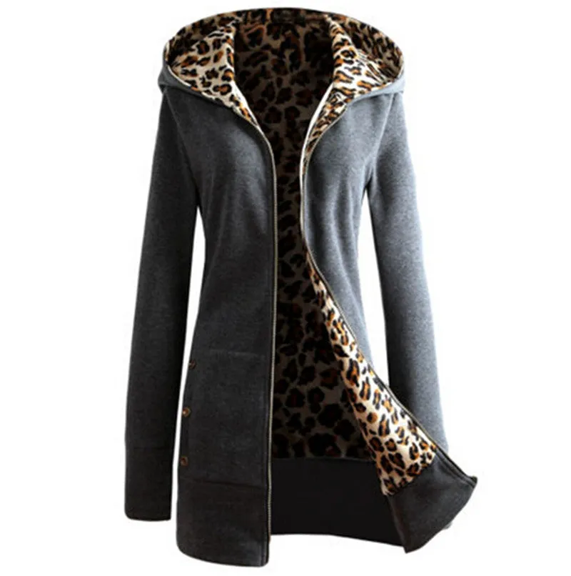 Good Quality Winter Warm Fashion Women Lady Long Sleeve Hoodies Sweatshirt Slim Fit Leopard Coat Jacket Outerwear