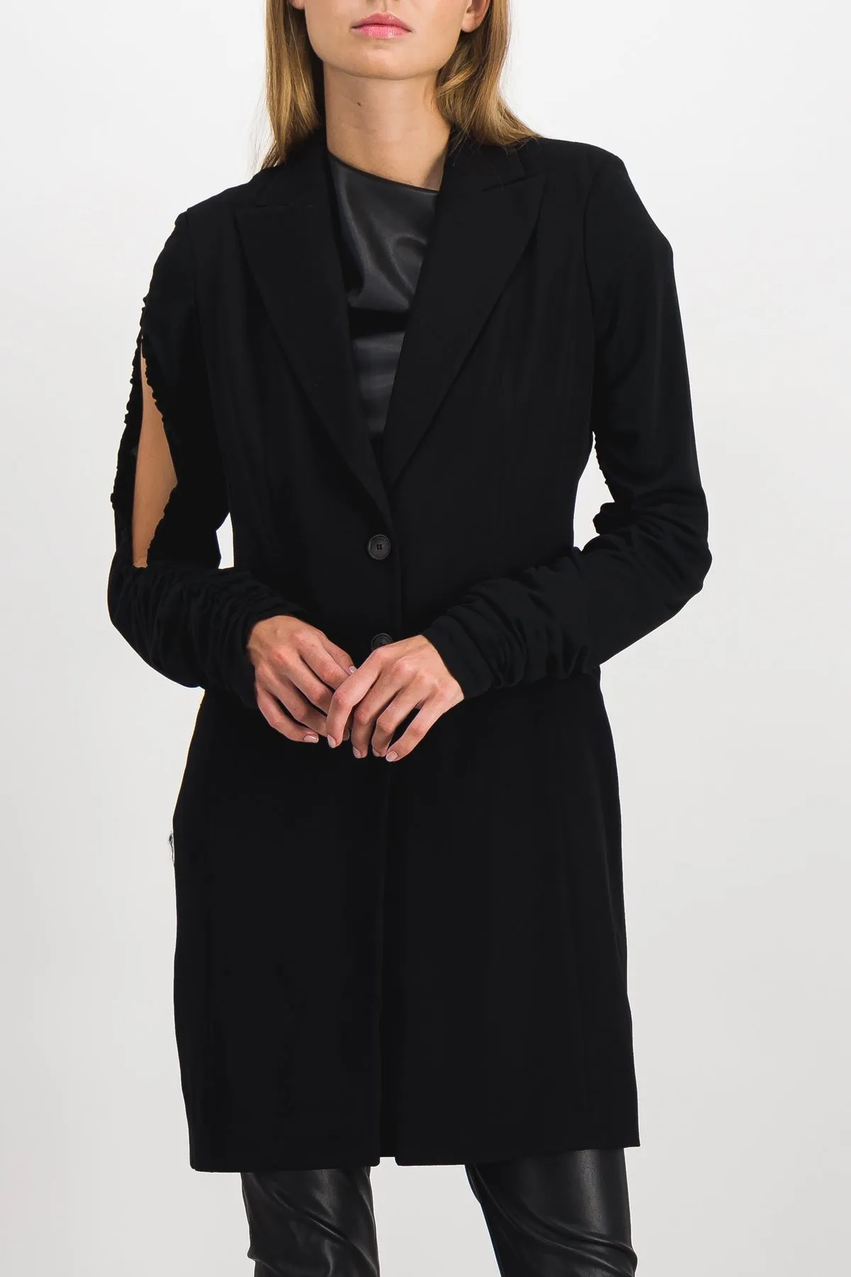 Grain de poudre long veste with crêpe de chine draped sleeves