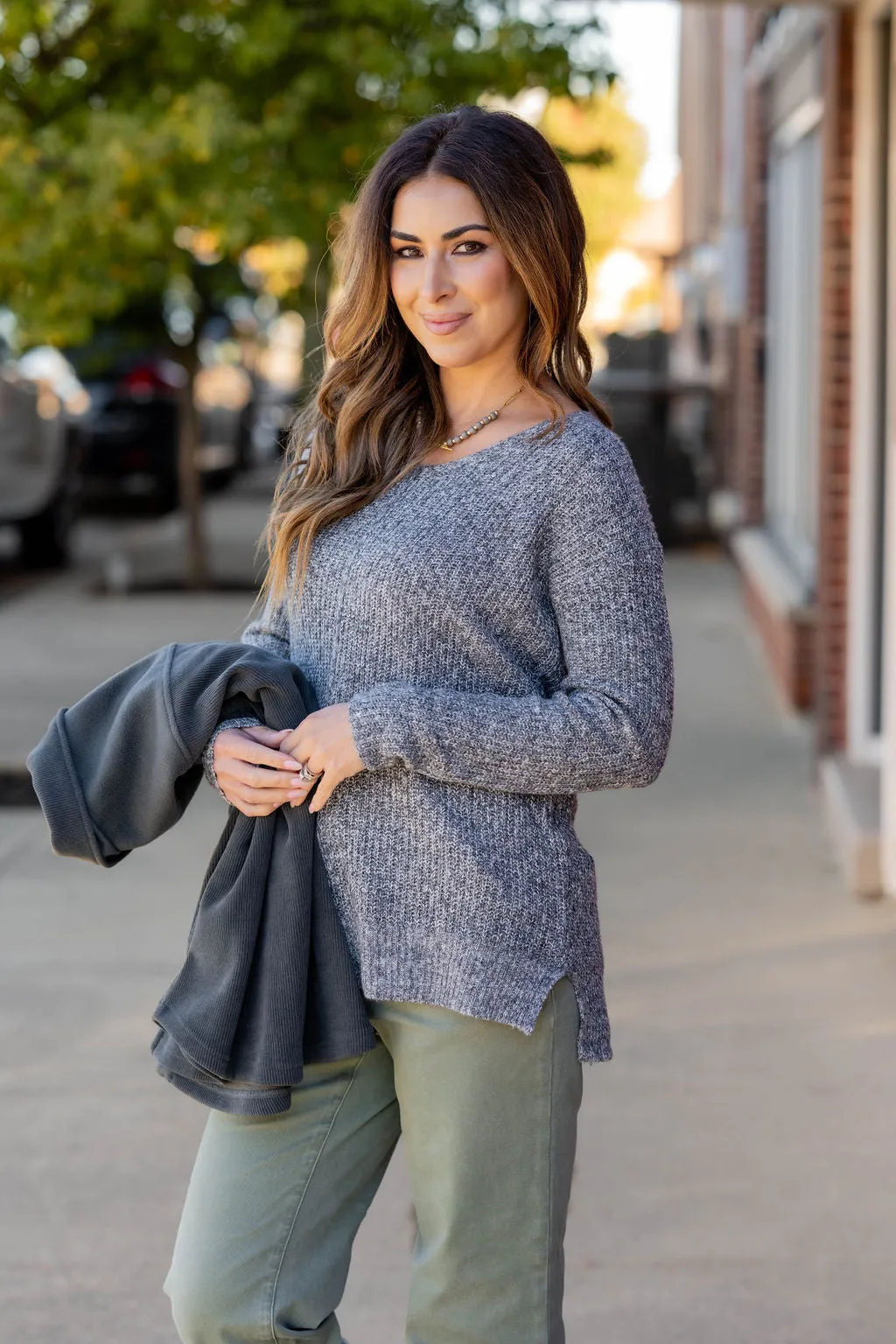 Heathered Knit Side Slit Sweater