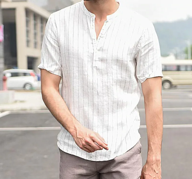 High Quality Cotton Linen Breathable Soft Striped Dress Shirt