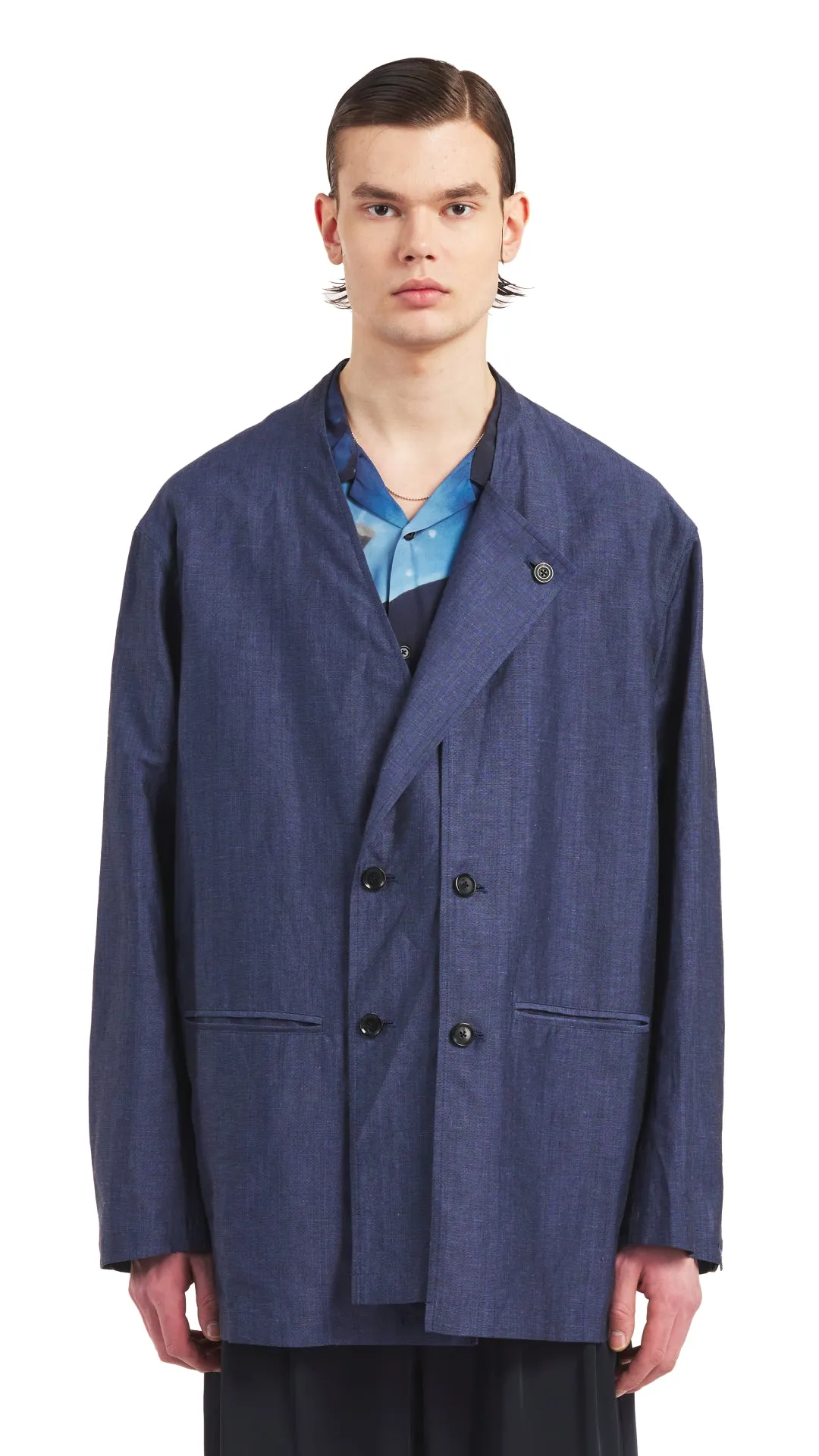 Indigo Cotton Linen Collarless Soft Blazer