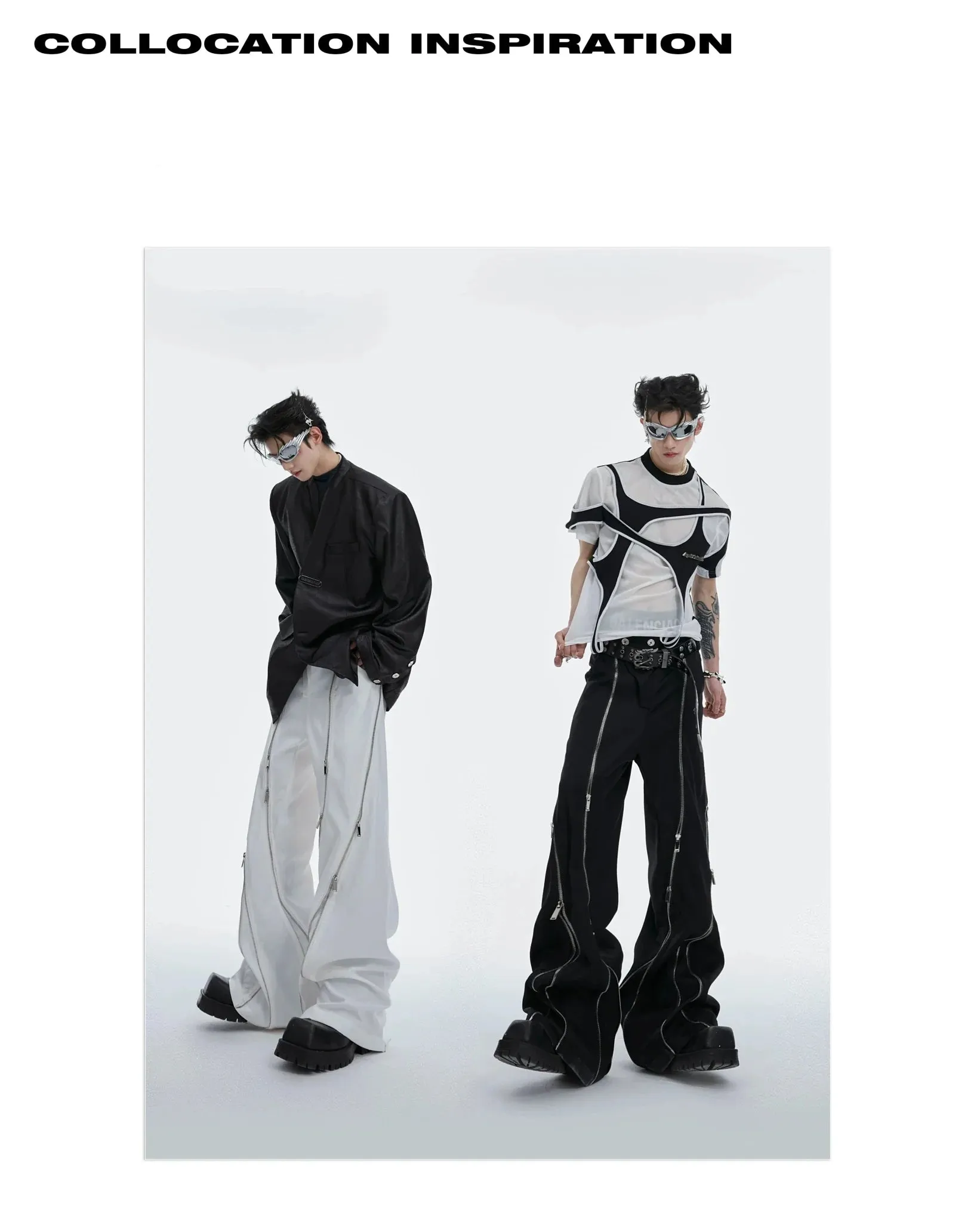 Irregular Metal Zipper Split Flare Leg Casual Pants with Patchwork