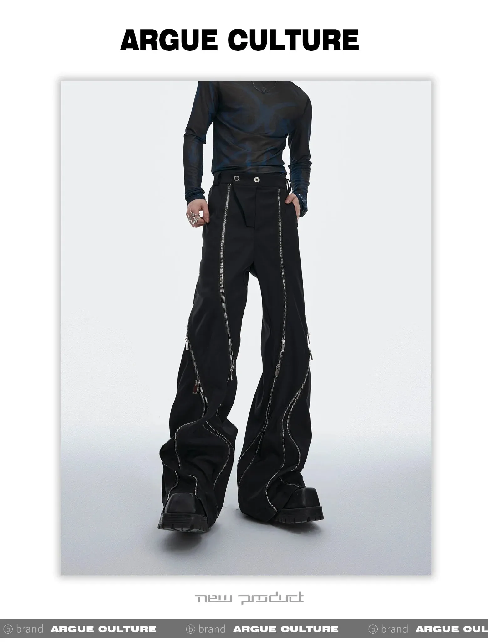 Irregular Metal Zipper Split Flare Leg Casual Pants with Patchwork