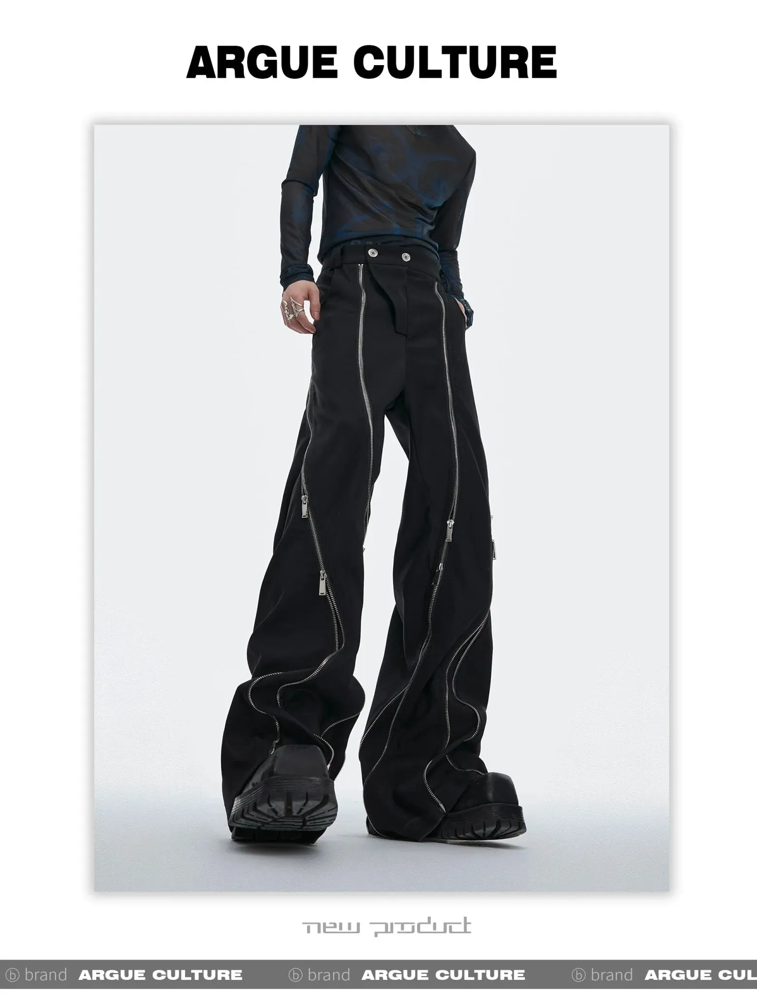 Irregular Metal Zipper Split Flare Leg Casual Pants with Patchwork