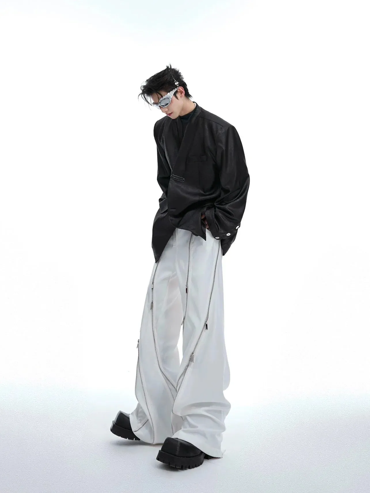 Irregular Metal Zipper Split Flare Leg Casual Pants with Patchwork