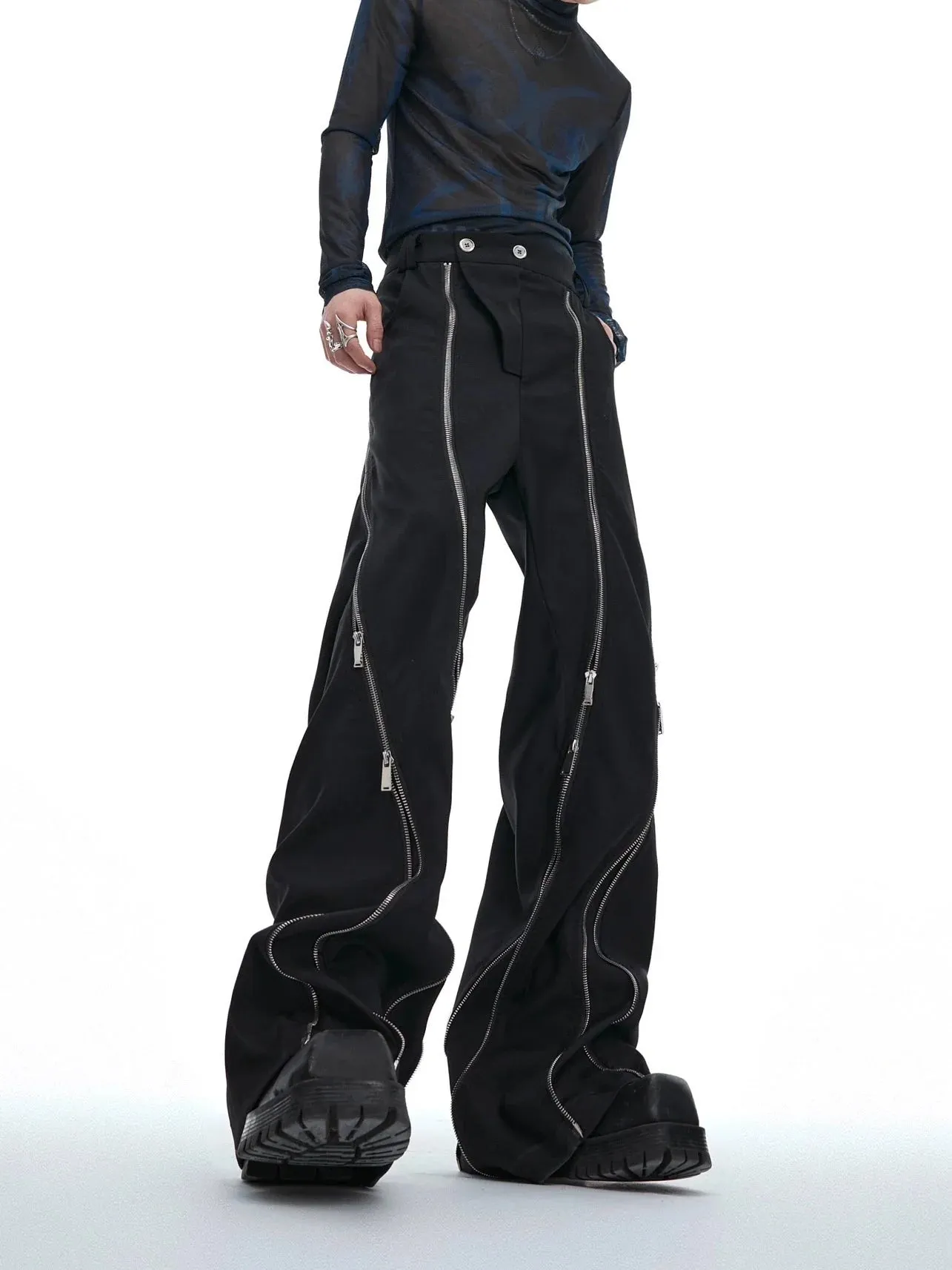 Irregular Metal Zipper Split Flare Leg Casual Pants with Patchwork