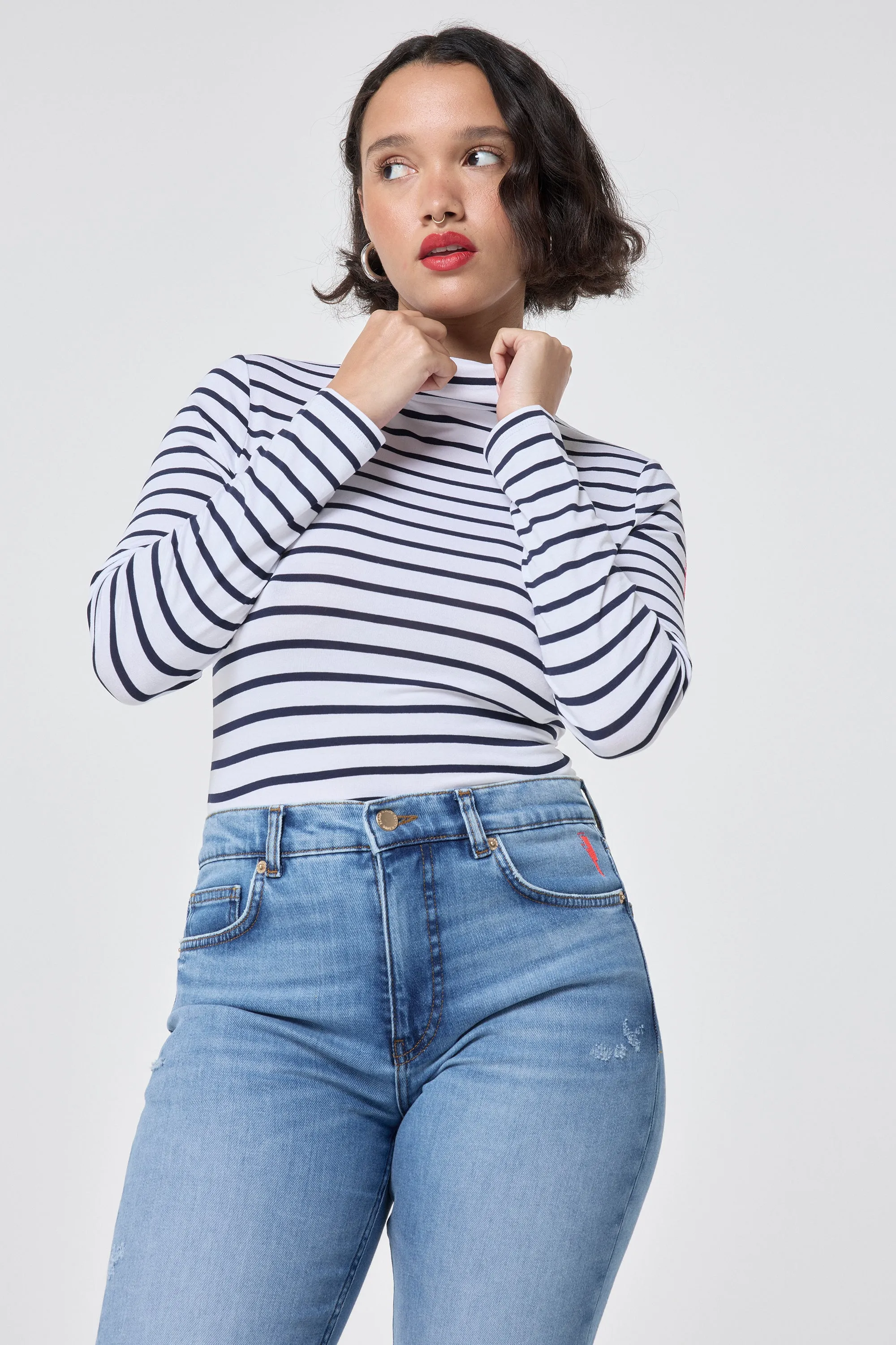 Ivory with Navy Stripe Long Sleeve Polo Top