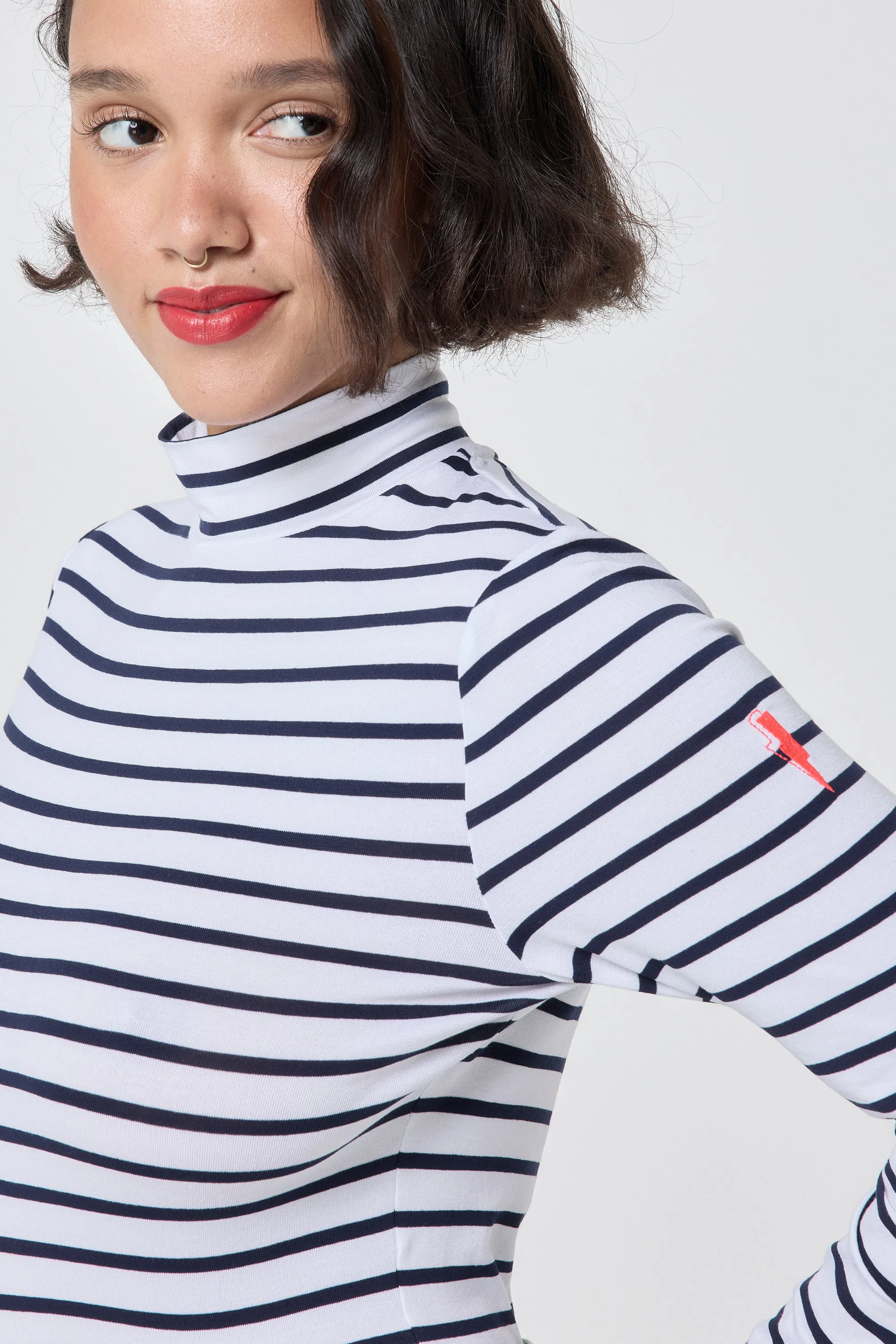 Ivory with Navy Stripe Long Sleeve Polo Top