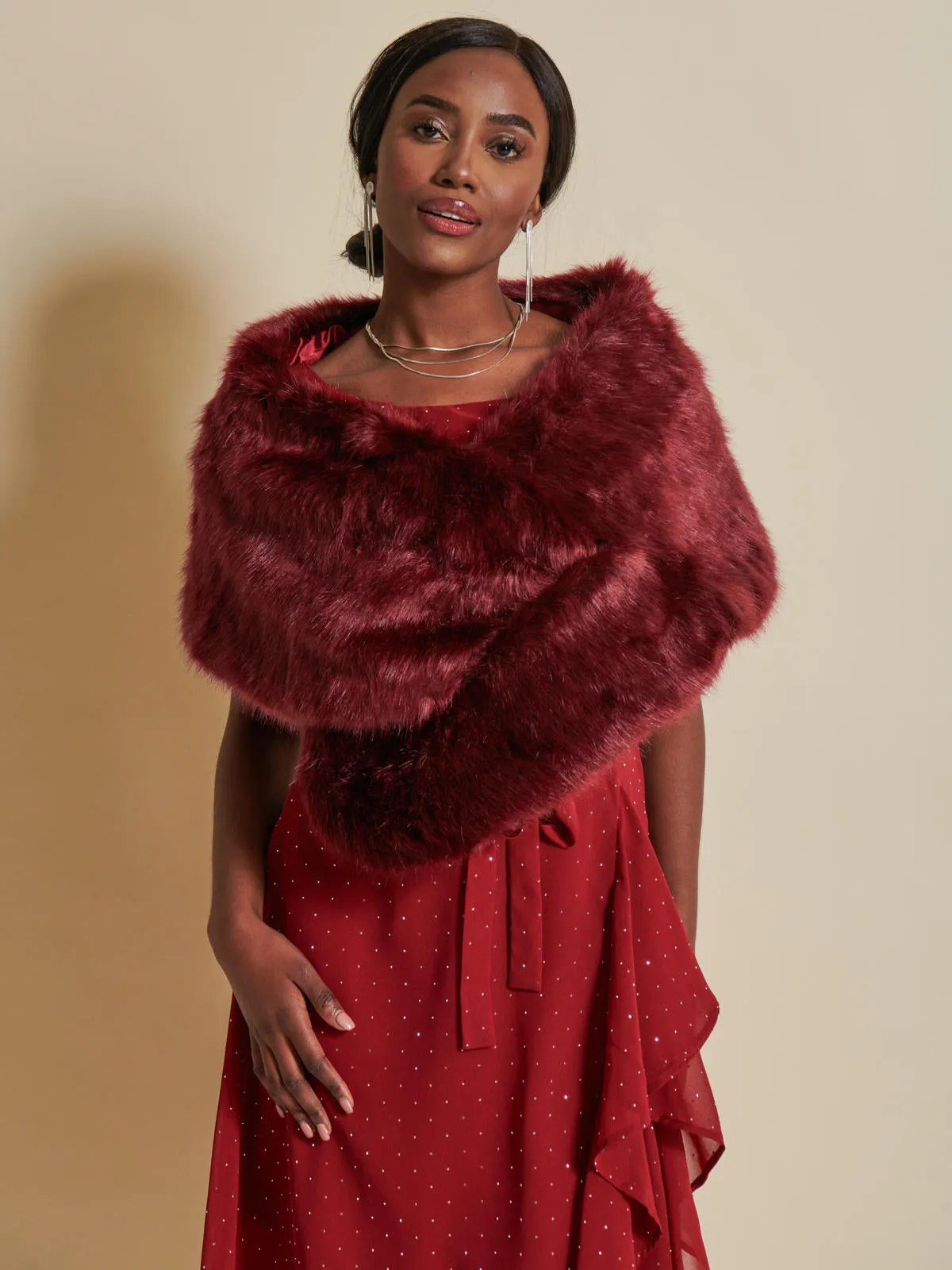 Jolie Moi Faux Fur Shawl Wrap, Wine