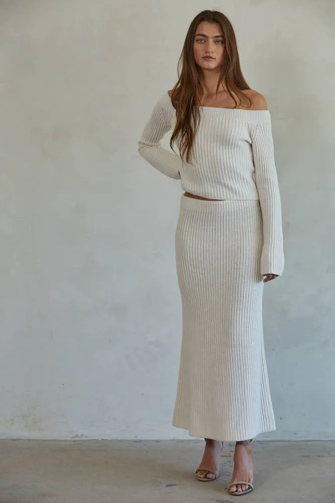 Knit Ribbed Sweater Midi Skirt-Cream