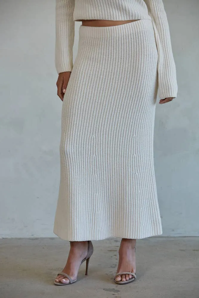 Knit Ribbed Sweater Midi Skirt-Cream