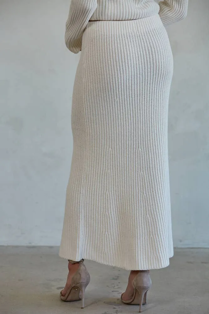 Knit Ribbed Sweater Midi Skirt-Cream