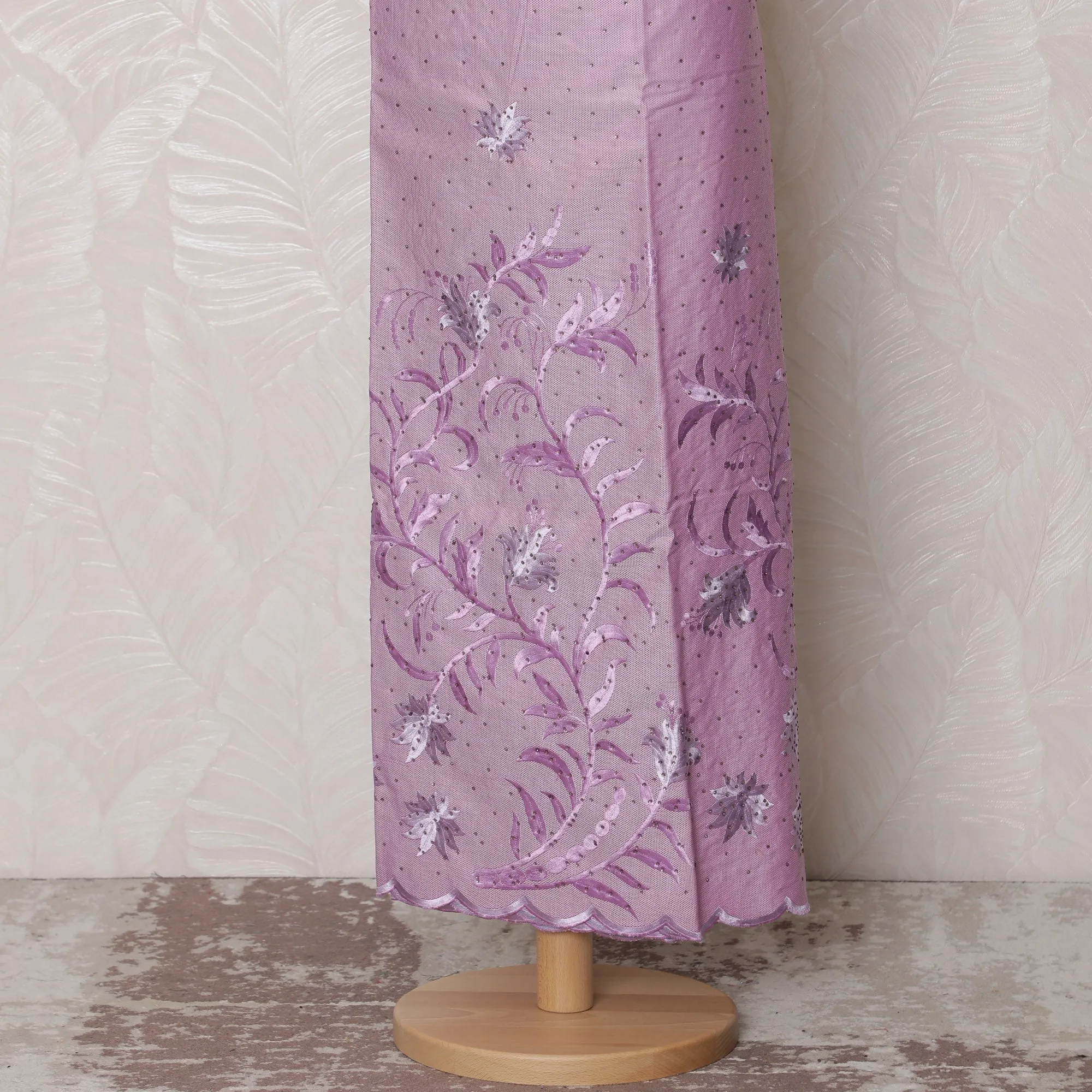 Lavender Blended Cotton Fabric with Lavender and White Floral Embroidery - Last Piece of 3.0 Meters, 110 cm Width-D19785