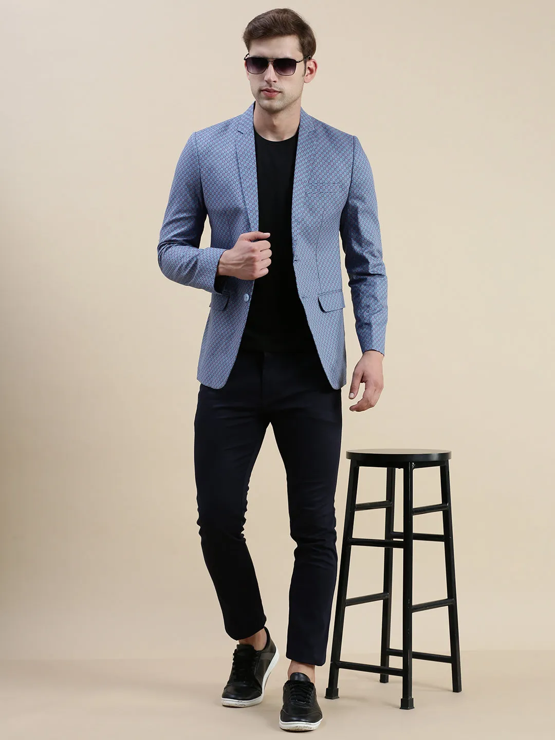 Men Blue Printed Casual Blazer