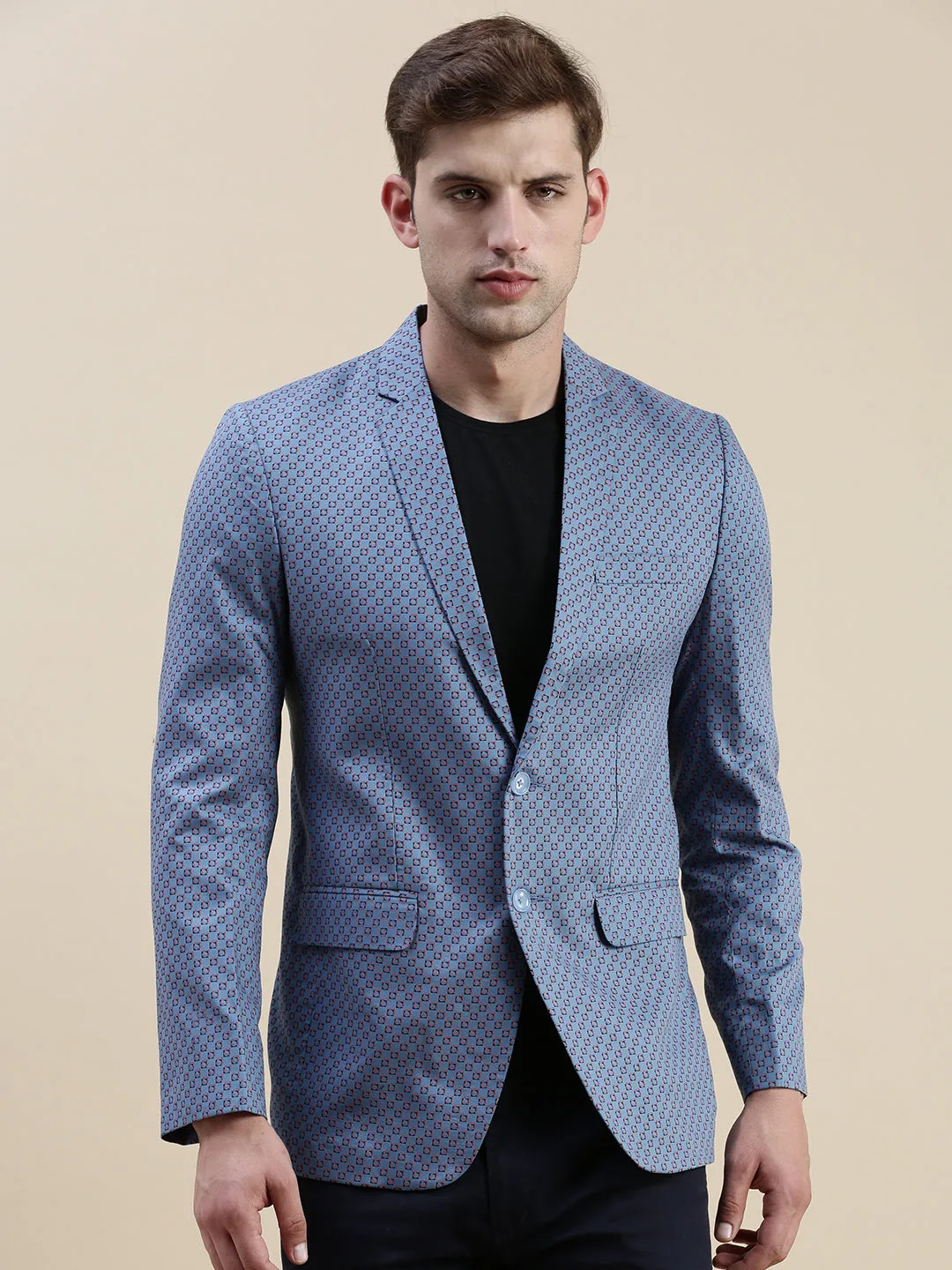 Men Blue Printed Casual Blazer