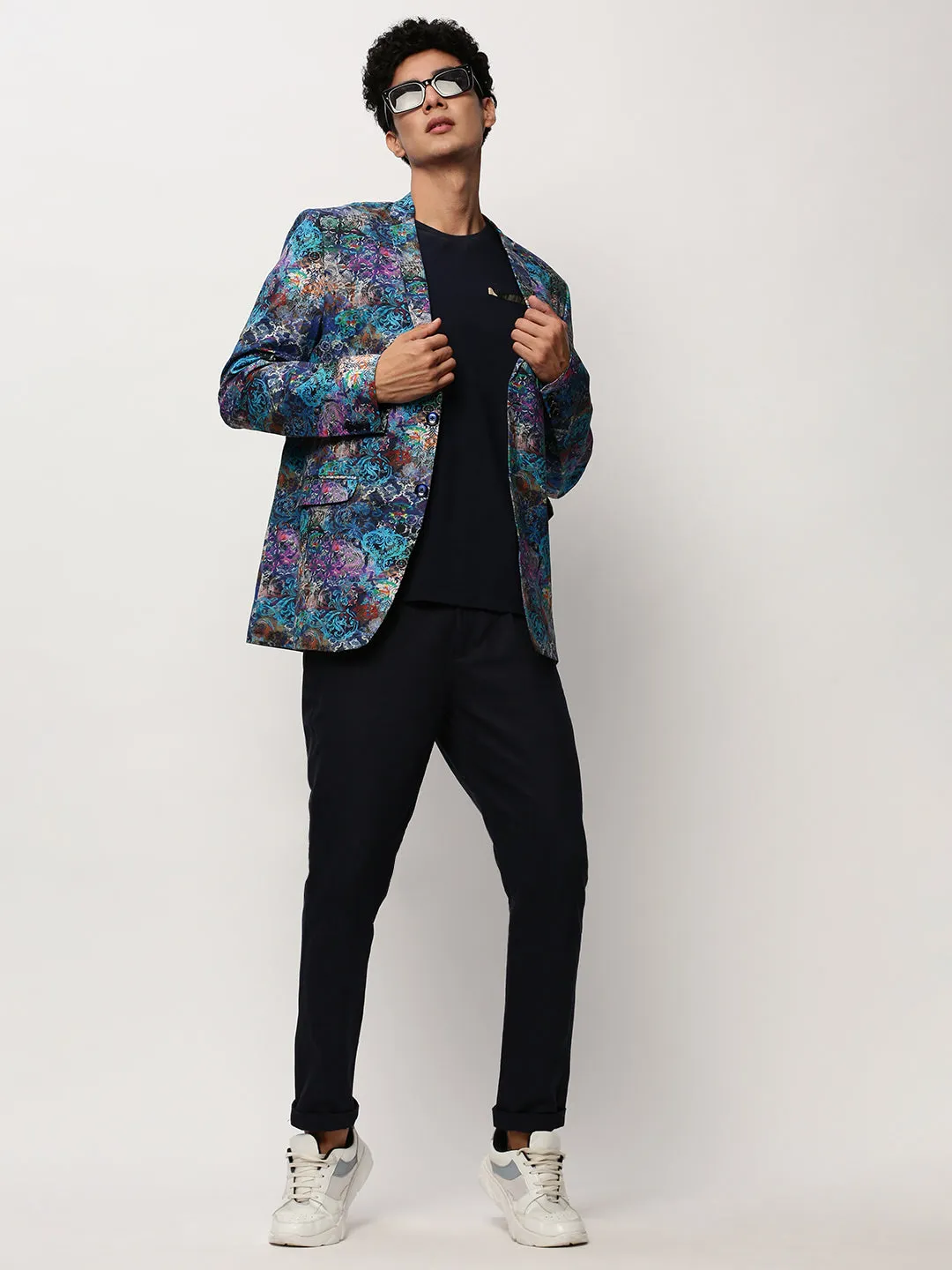 Men Blue Printed Casual Blazers