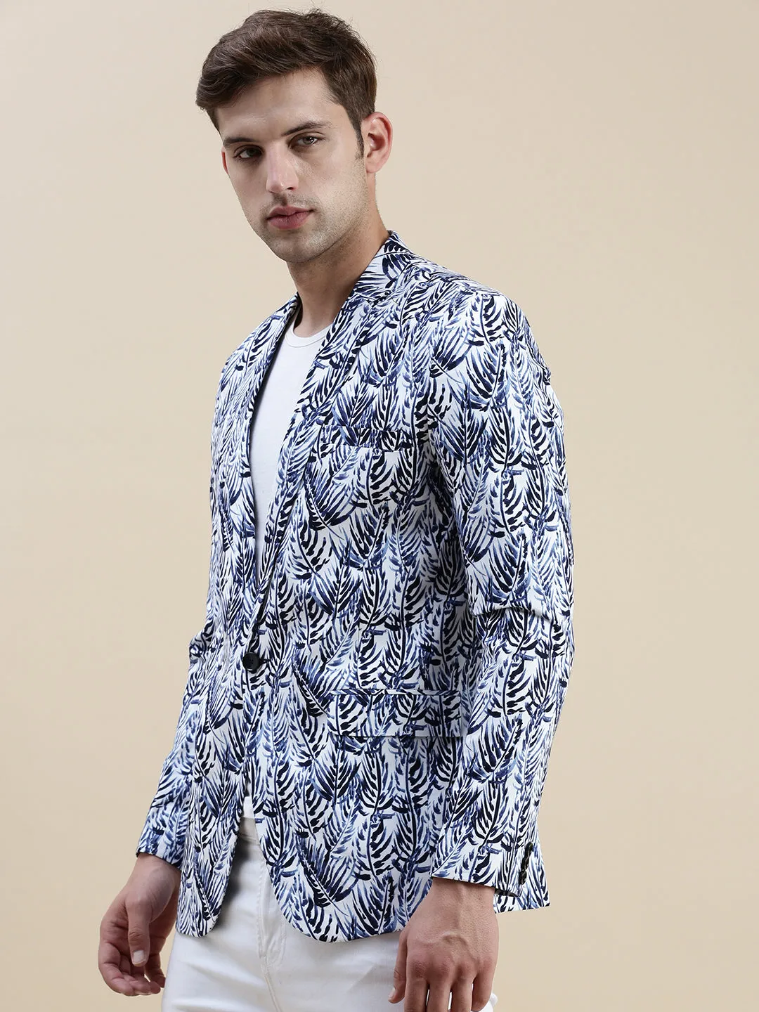 Men Blue Printed Notched Lapel Blazer