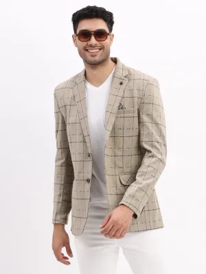 Men Checked Beige Single Breasted Blazer