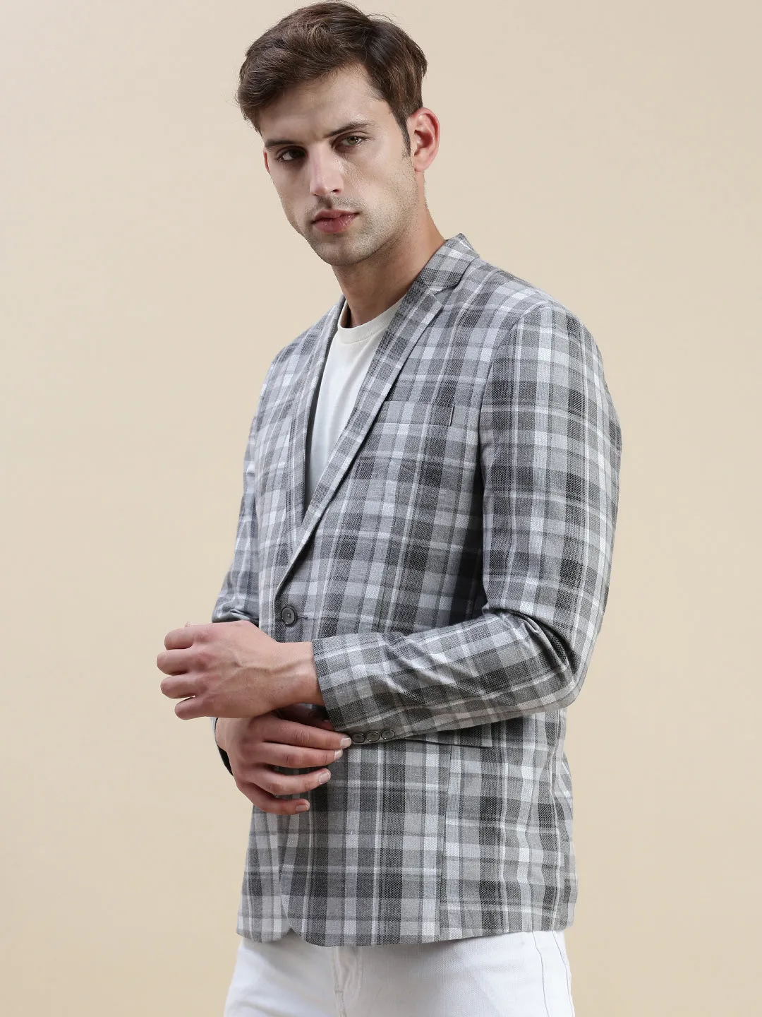 Men Grey Checked Notched Lapel Blazer