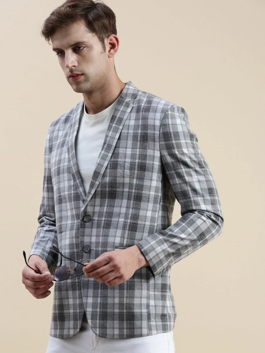 Men Grey Checked Notched Lapel Blazer