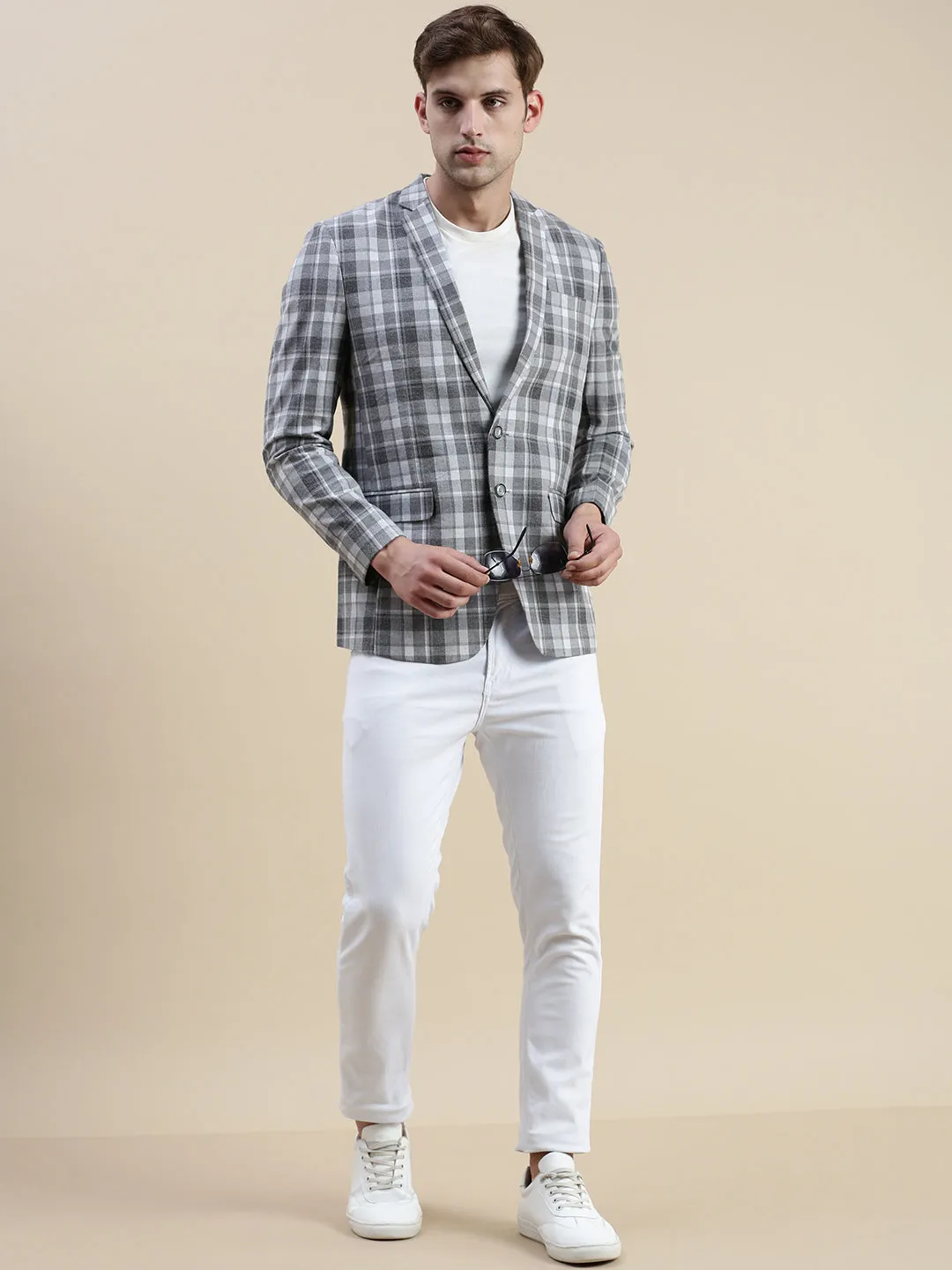 Men Grey Checked Notched Lapel Blazer