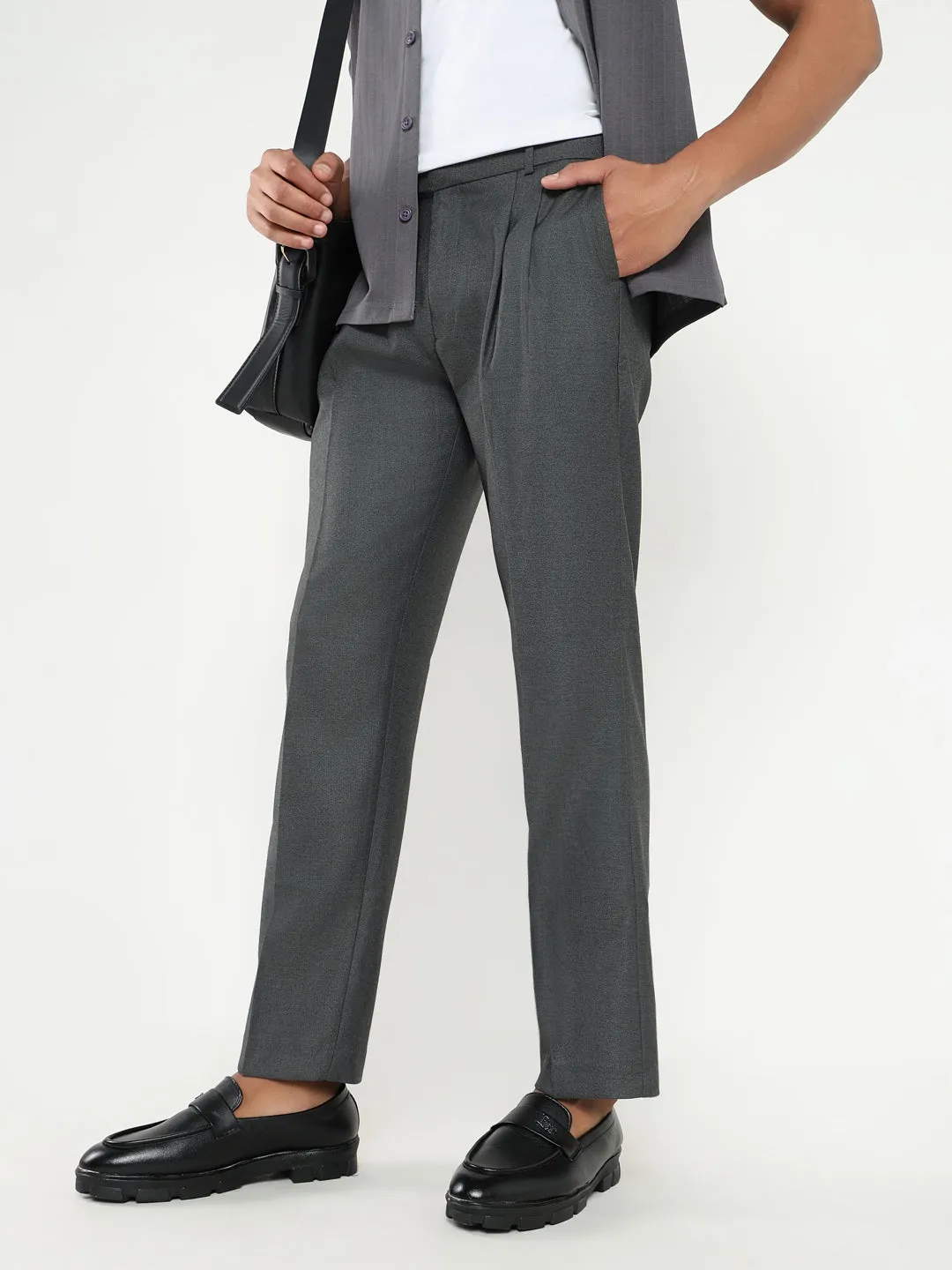 Men Grey Solid Formal Trousers