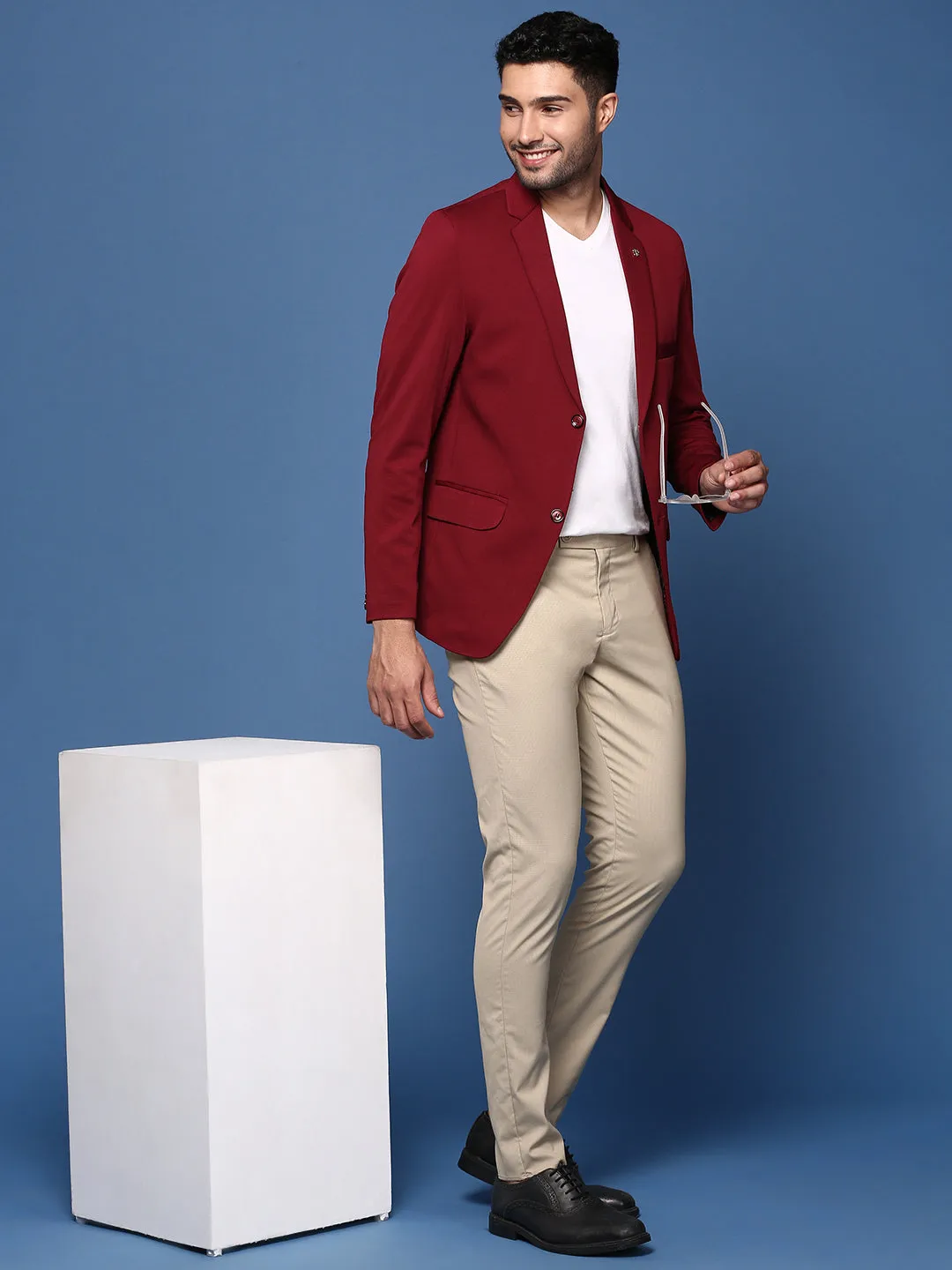 Men Maroon Slim Fit Single Breasted Blazer