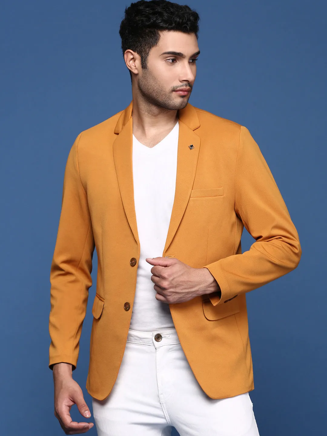 Men Mustard Slim Fit Single Breasted Blazer